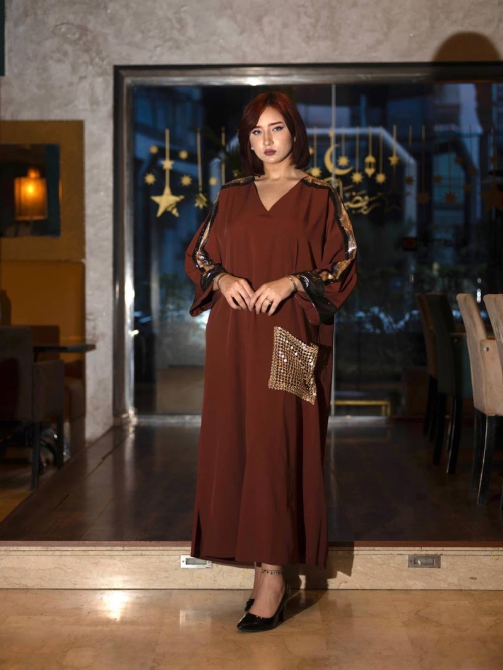 Elegant Maroon Womens Dress with Metallic Sleeve Accents - Picture 6 of 8